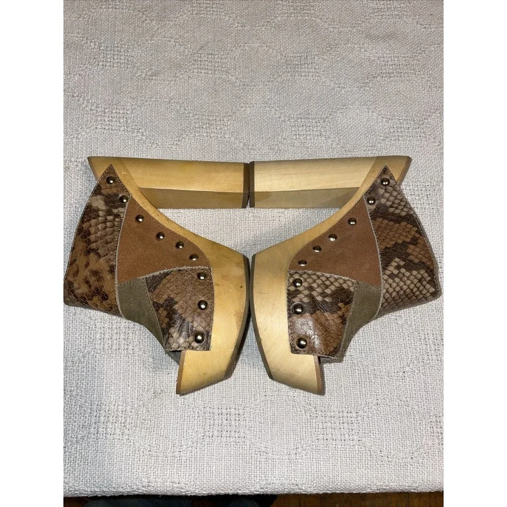 Shellys London Women’s Platform Casuals Sz 6M Brown Patchwork Leather Wood Heels